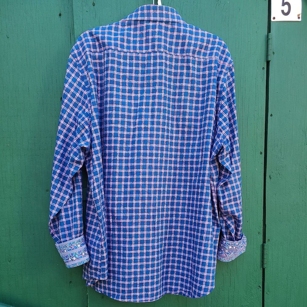Robert Graham Shirt Button Up Paisley On Plaid Roll Over Cuff Knowledge Red Blue - Picture 7 of 16